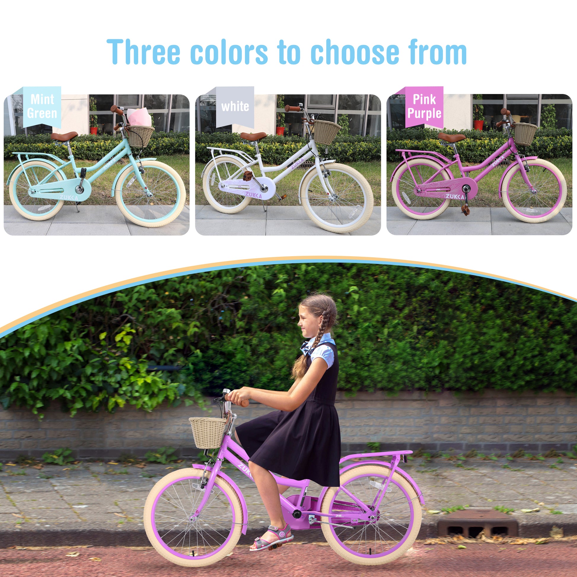 Multiple Colors,Girls Bike With Basket For 7 10 Years Old Kids,20 Inch Wheel ,No Training Wheels Included Cycling Purple Garden & Outdoor Carbon Steel