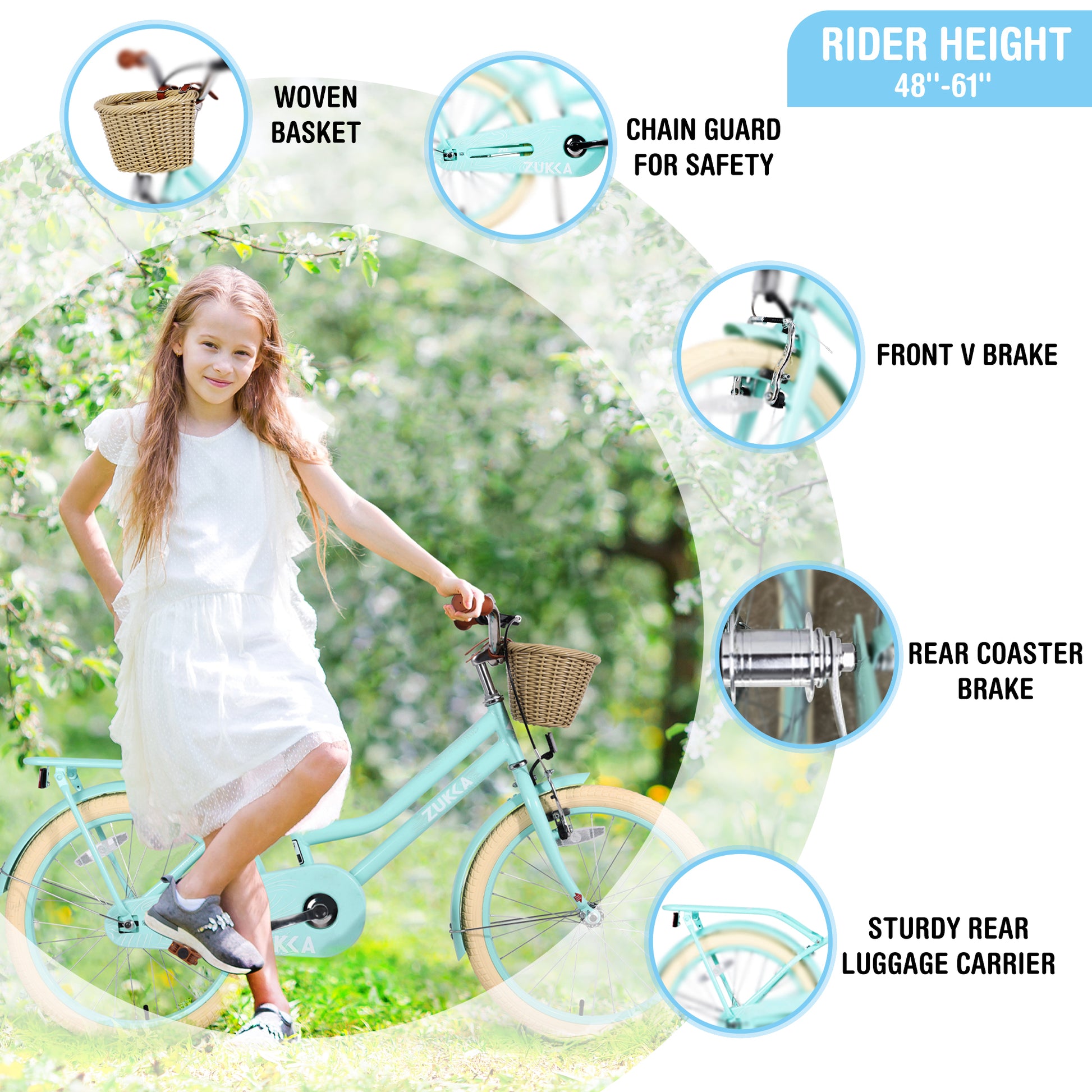 Multiple Colors,Girls Bike With Basket For 7 10 Years Old Kids,20 Inch Wheel ,No Training Wheels Included Cycling Mint Green Garden & Outdoor Carbon Steel