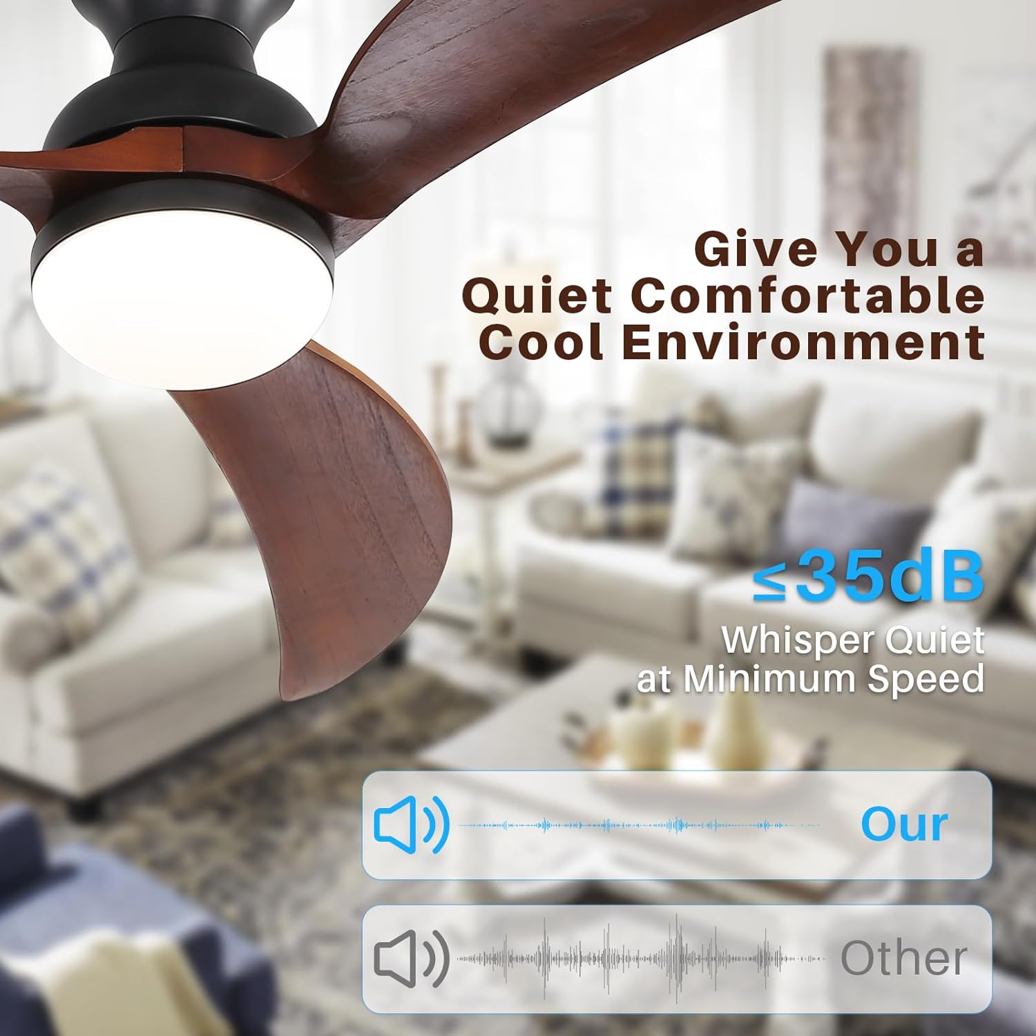 52 Inch Modern Ceiling Fan With 3 Color Dimmable Solid Wood Blades Remote Control Reversible Dc Motor For Bedroom Black Metal & Wood