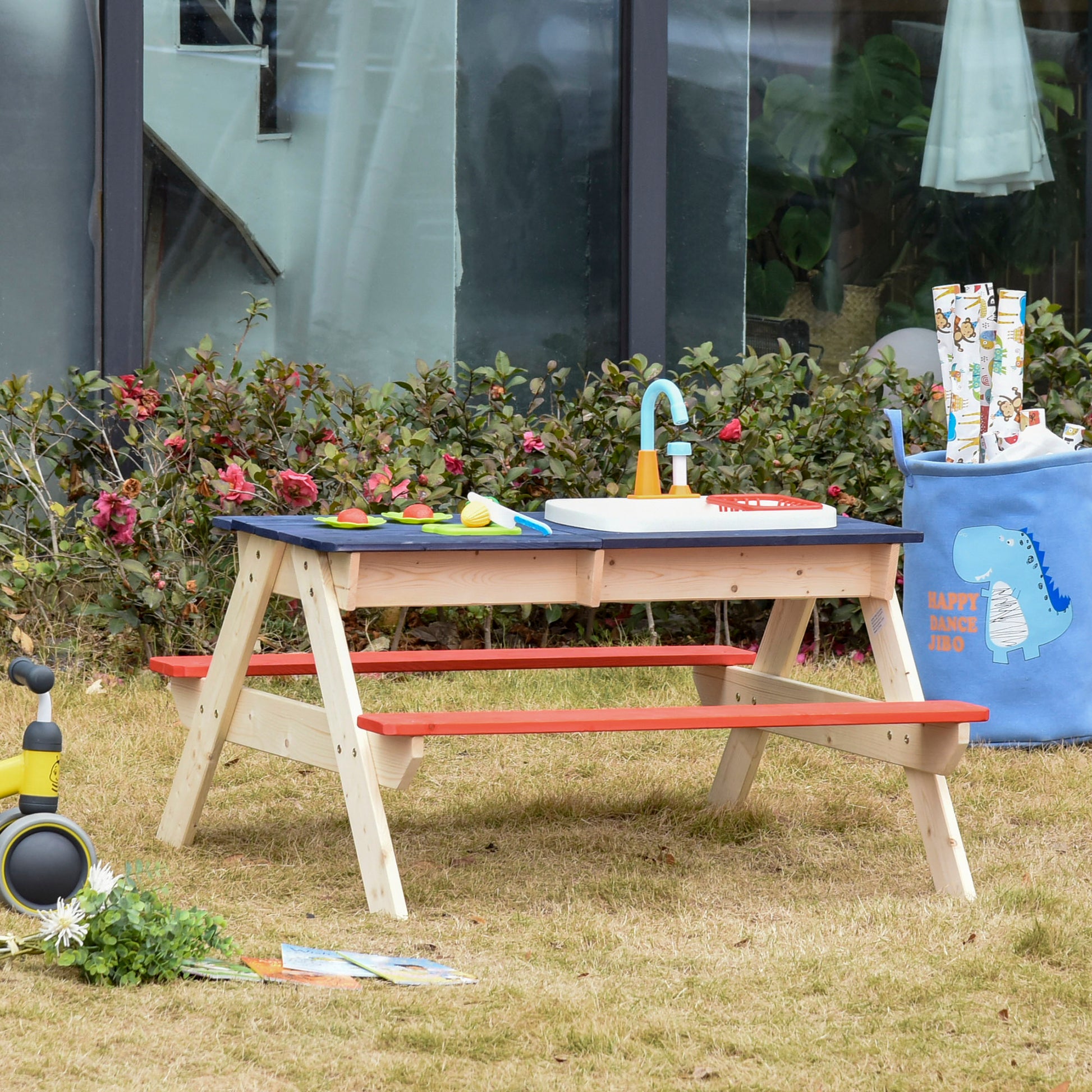 Kids Sand & Water Table, Picnic Table And Bench Set With Sandbox, Water Circulation Faucet Multicolor Wood