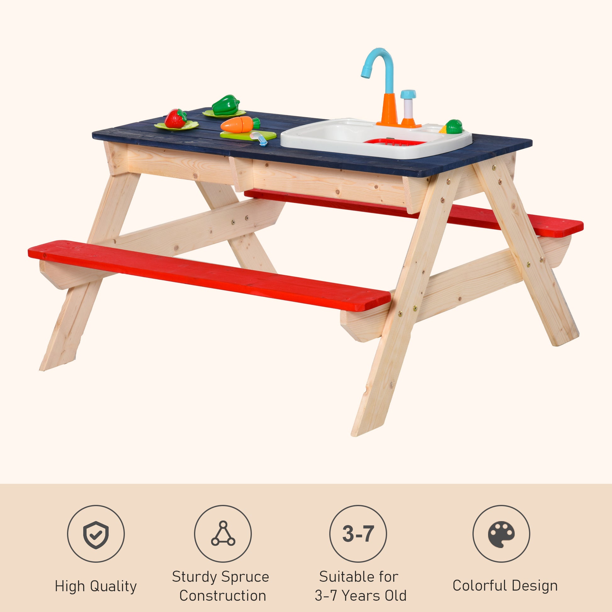 Kids Sand & Water Table, Picnic Table And Bench Set With Sandbox, Water Circulation Faucet Multicolor Wood