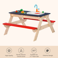 Kids Sand & Water Table, Picnic Table And Bench Set With Sandbox, Water Circulation Faucet Multicolor Wood