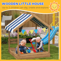 Wooden Sandbox With Canopy House Design For 3 7 Years Old, Brown Brown Wood