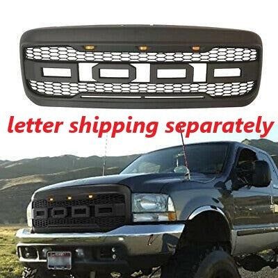 Front Grill For 1999 2000 2001 2002 2003 2004 Ford F250 F350 F450 Super Duty Raptor Style Grill With 3 Amber Led Lights & Letters Matte Black Matt Black Abs Abs