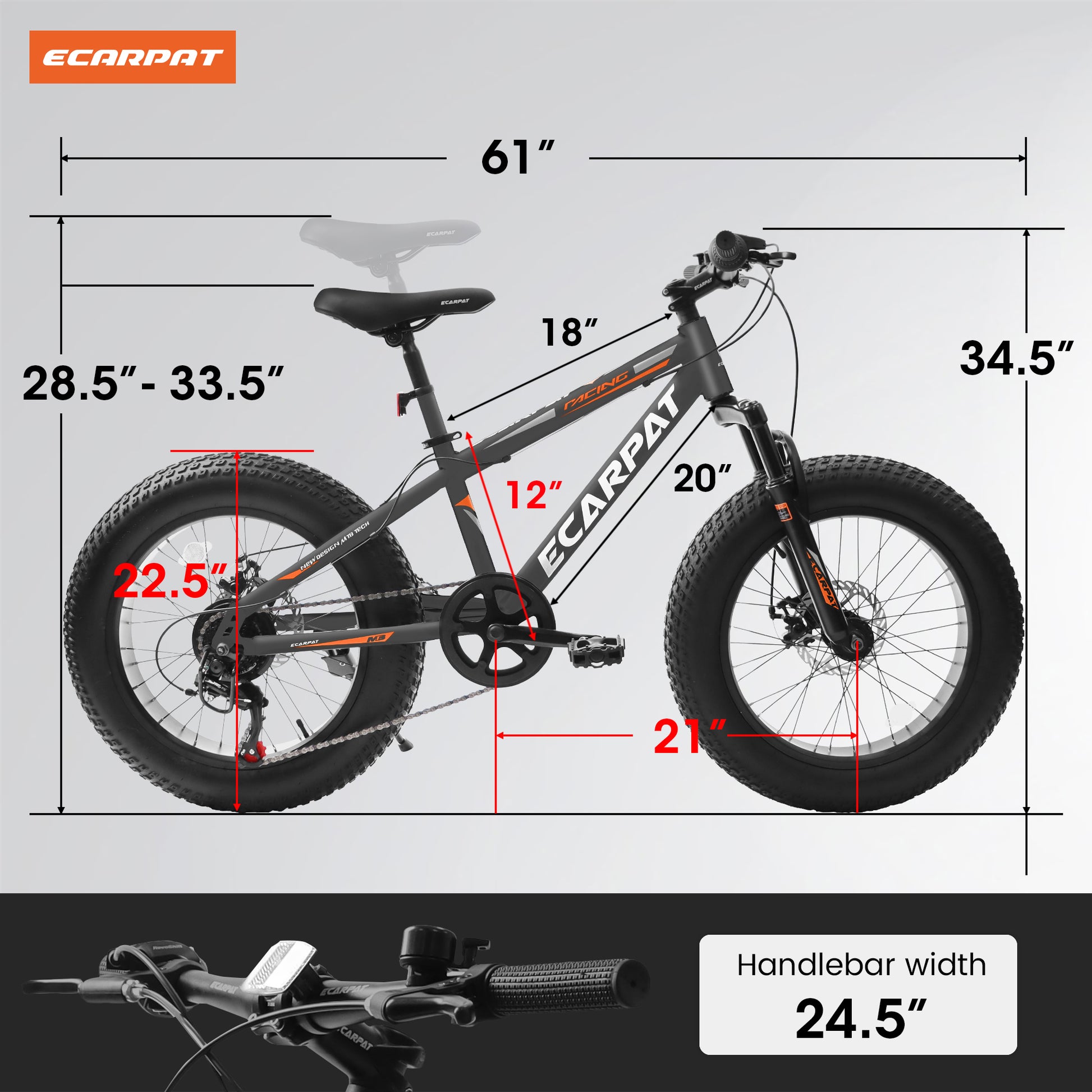 A20316 20 Inch Fat Tire Bike Adult Youth Full Shimano 7 Speed Mountain Bike, Dual Disc Brake, High Carbon Steel Frame, Front Suspension, Mountain Trail Bike, Urban Commuter City Bicycle,Fat Tire Bike Grey Steel