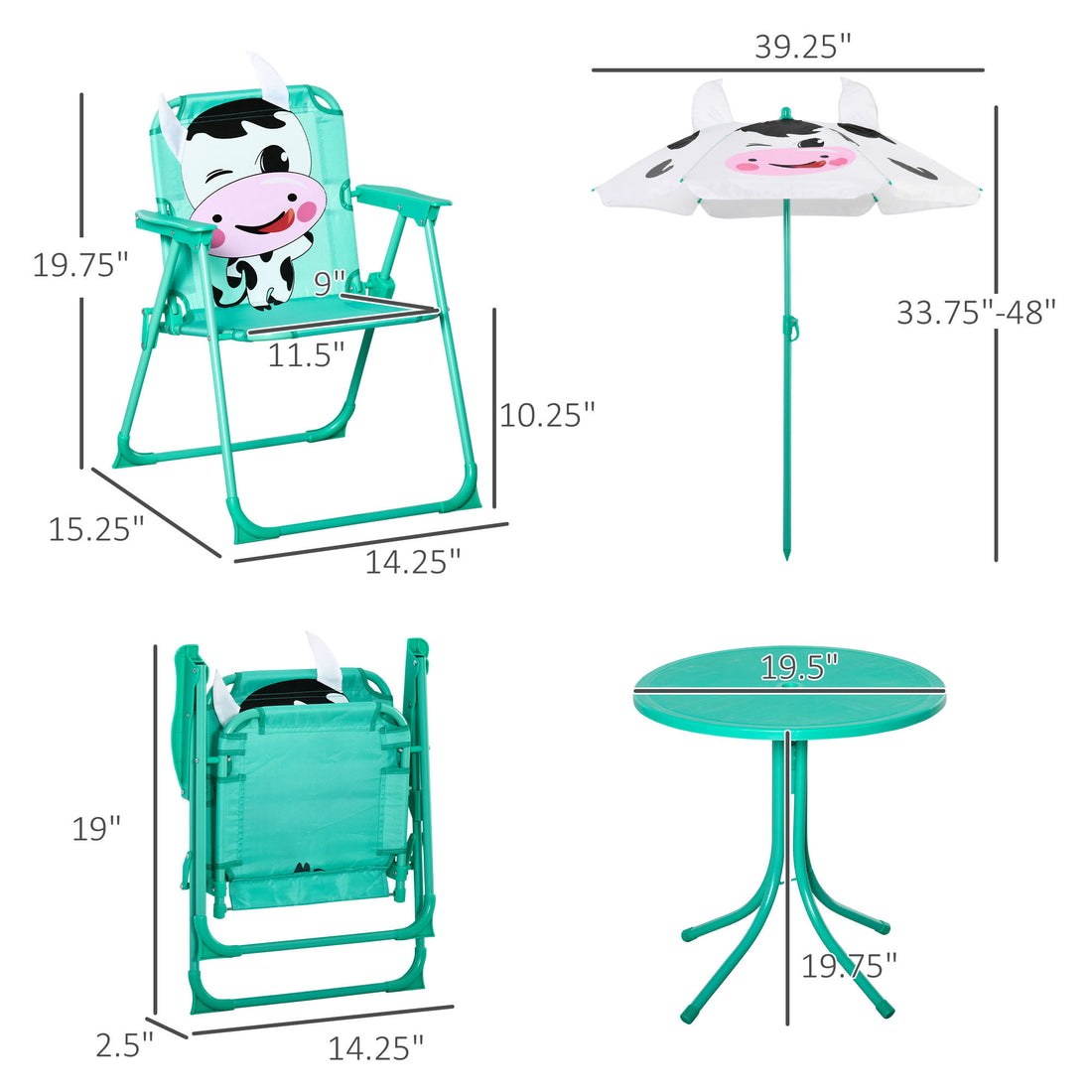 Kids Table And Chair Set, Outdoor Folding Garden Furniture, Picnic Table For Patio Backyard, With Dairy Cow Pattern, Removable & Height Adjustable Sun Umbrella, Aged 3 6 Years Old,White White Metal