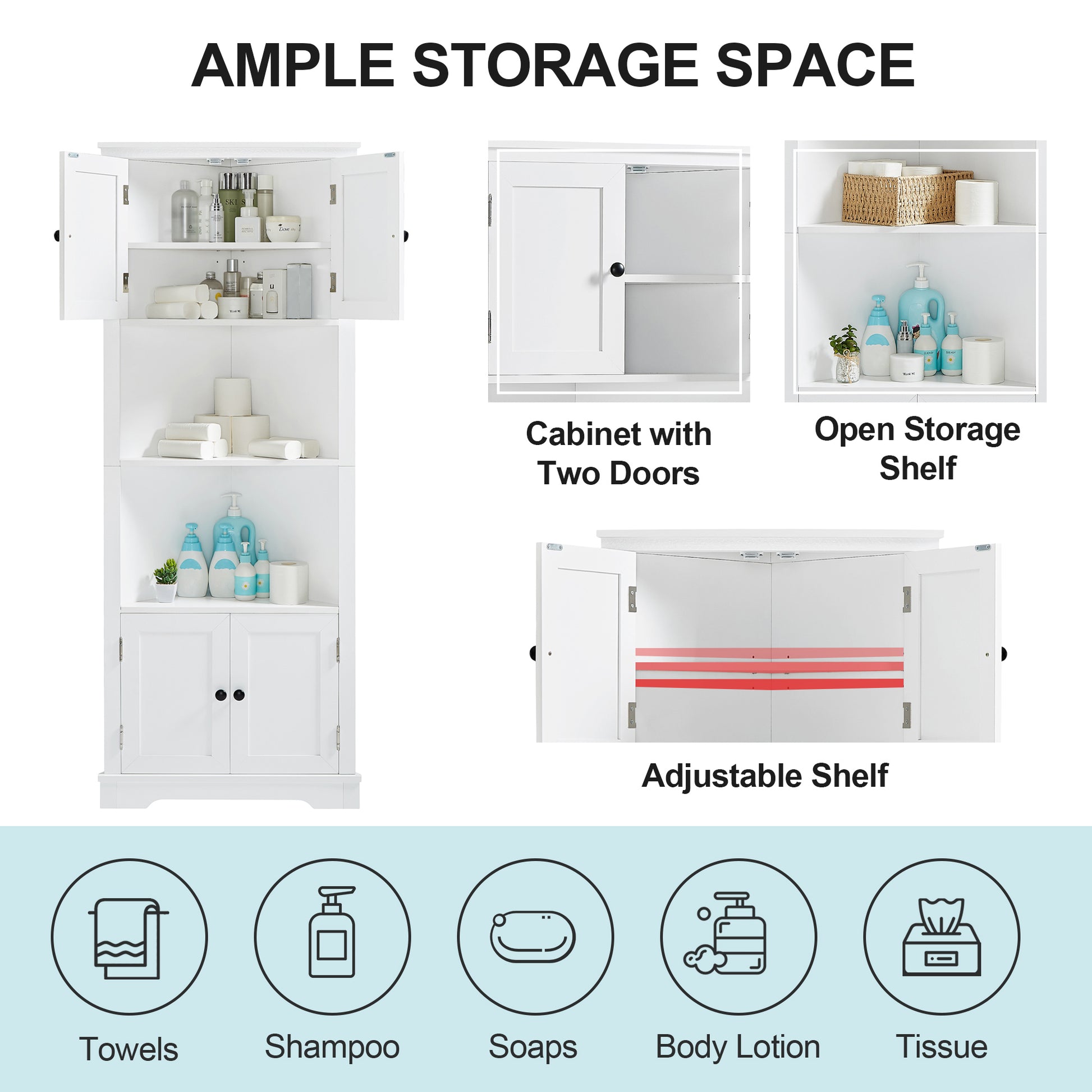 Tall Bathroom Storage Cabinet, Corner Cabinet With Doors And Adjustable Shelf, Mdf Board, White White Mdf