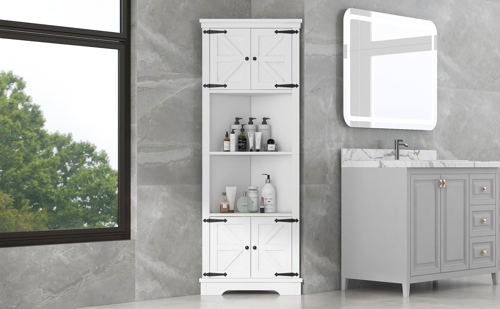 Tall Bathroom Storage Cabinet, Corner Cabinet With Doors And Adjustable Shelf, Mdf Board, White White Mdf