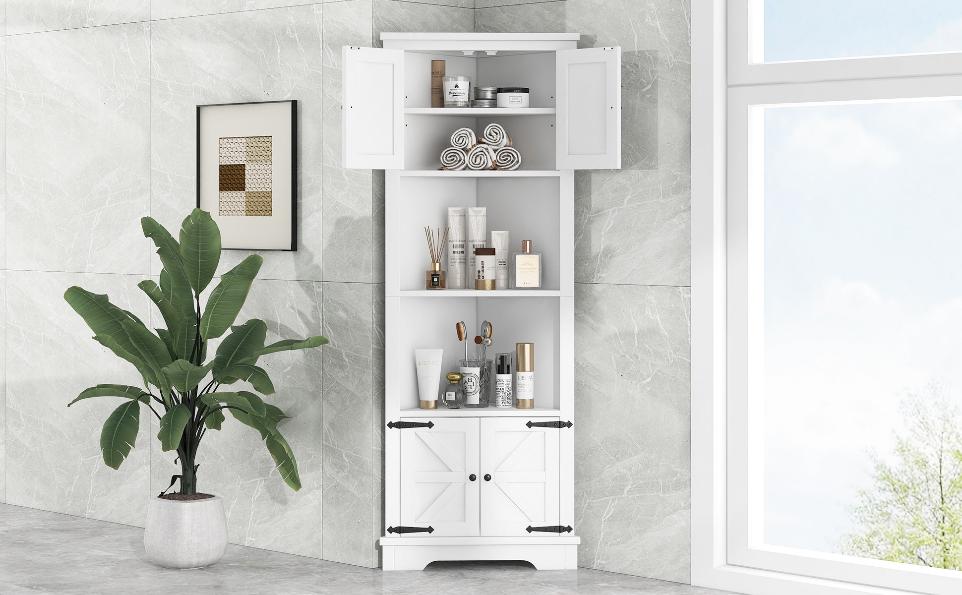 Tall Bathroom Storage Cabinet, Corner Cabinet With Doors And Adjustable Shelf, Mdf Board, White White Mdf