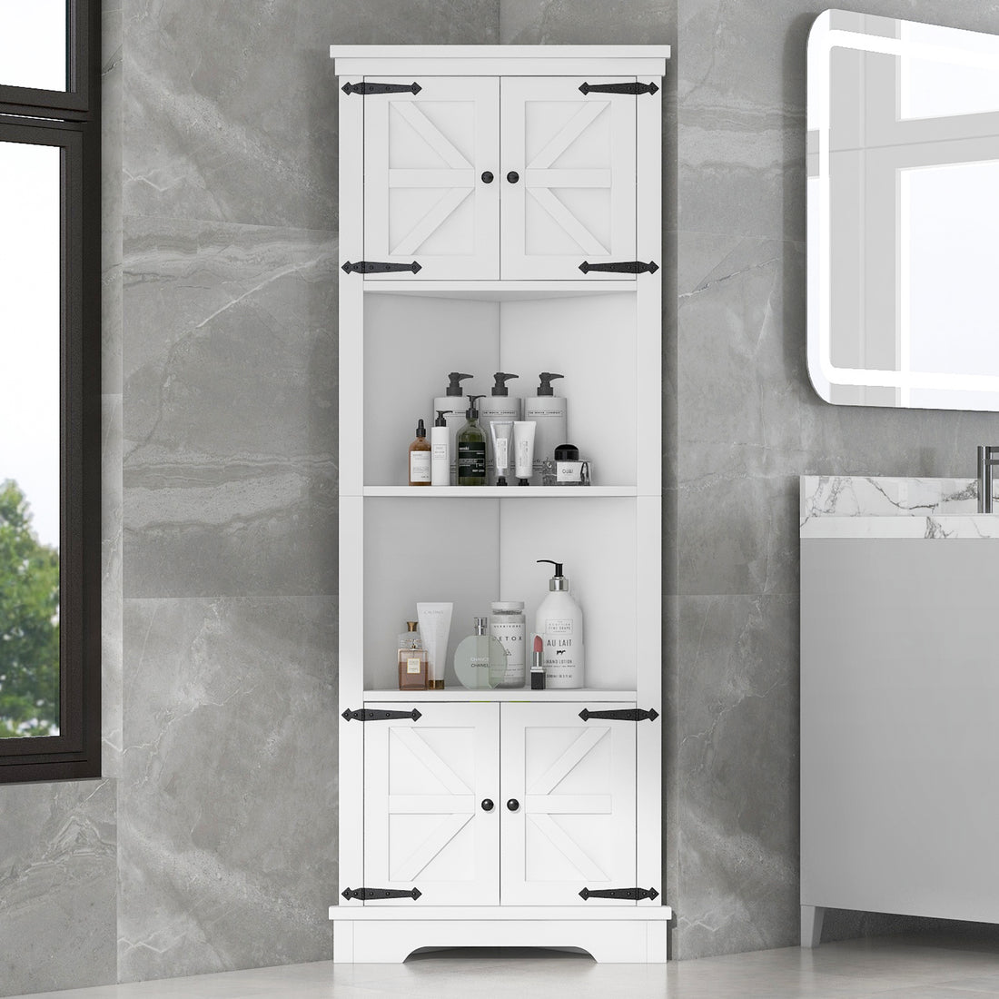 Tall Bathroom Storage Cabinet, Corner Cabinet With Doors And Adjustable Shelf, Mdf Board, White White Mdf