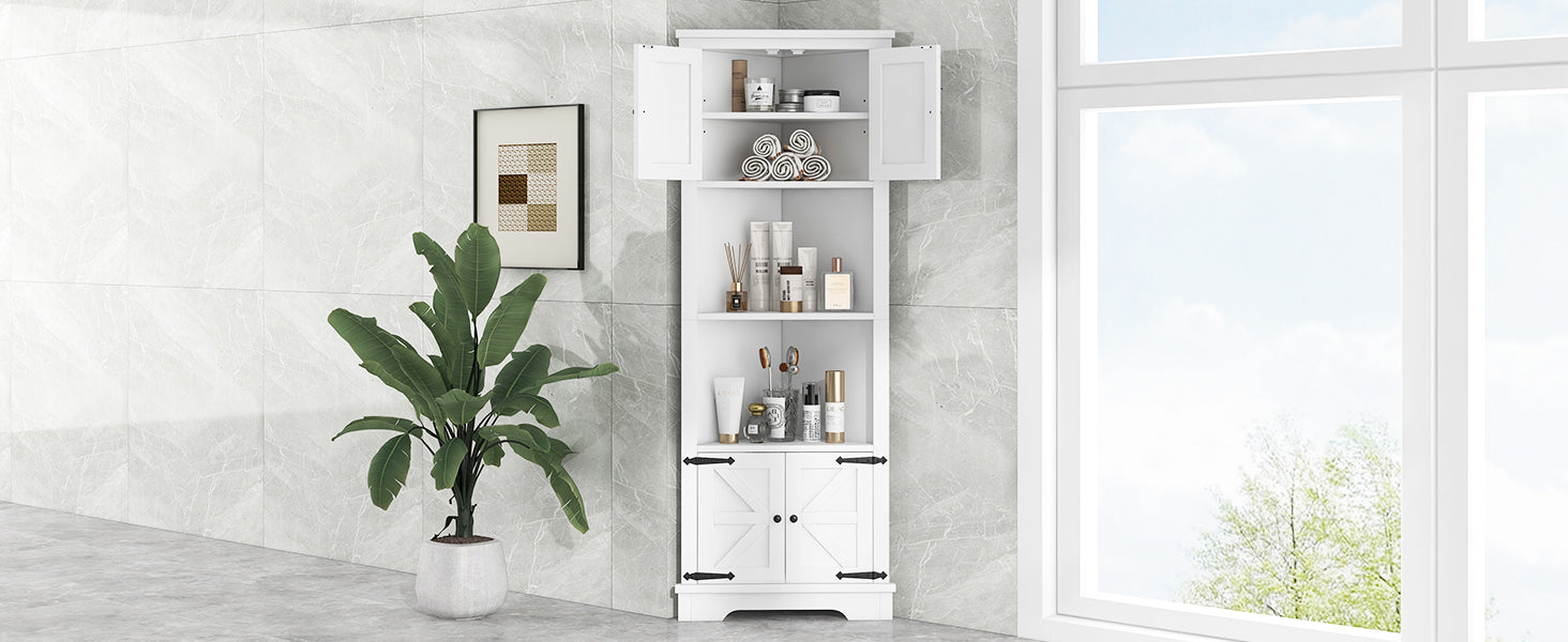 Tall Bathroom Storage Cabinet, Corner Cabinet With Doors And Adjustable Shelf, Mdf Board, White White Mdf