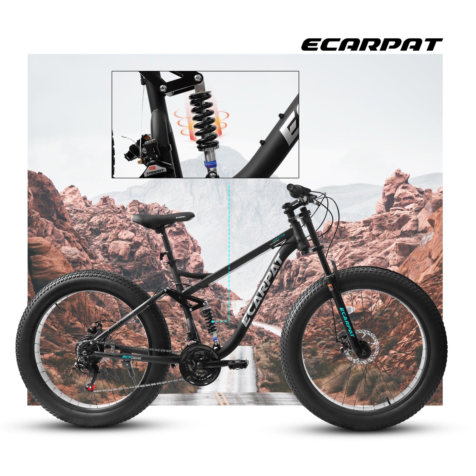 A26309 26 Inch Mountain Bike,Full Suspension 21 Speeds Drivetrain With Disc Brake Mtb Bicycle, 26*4" Fat Tire Bike For Men Or Women. Black Steel