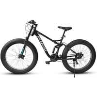 A26309 26 Inch Mountain Bike,Full Suspension 21 Speeds Drivetrain With Disc Brake Mtb Bicycle, 26*4" Fat Tire Bike For Men Or Women. Black Steel