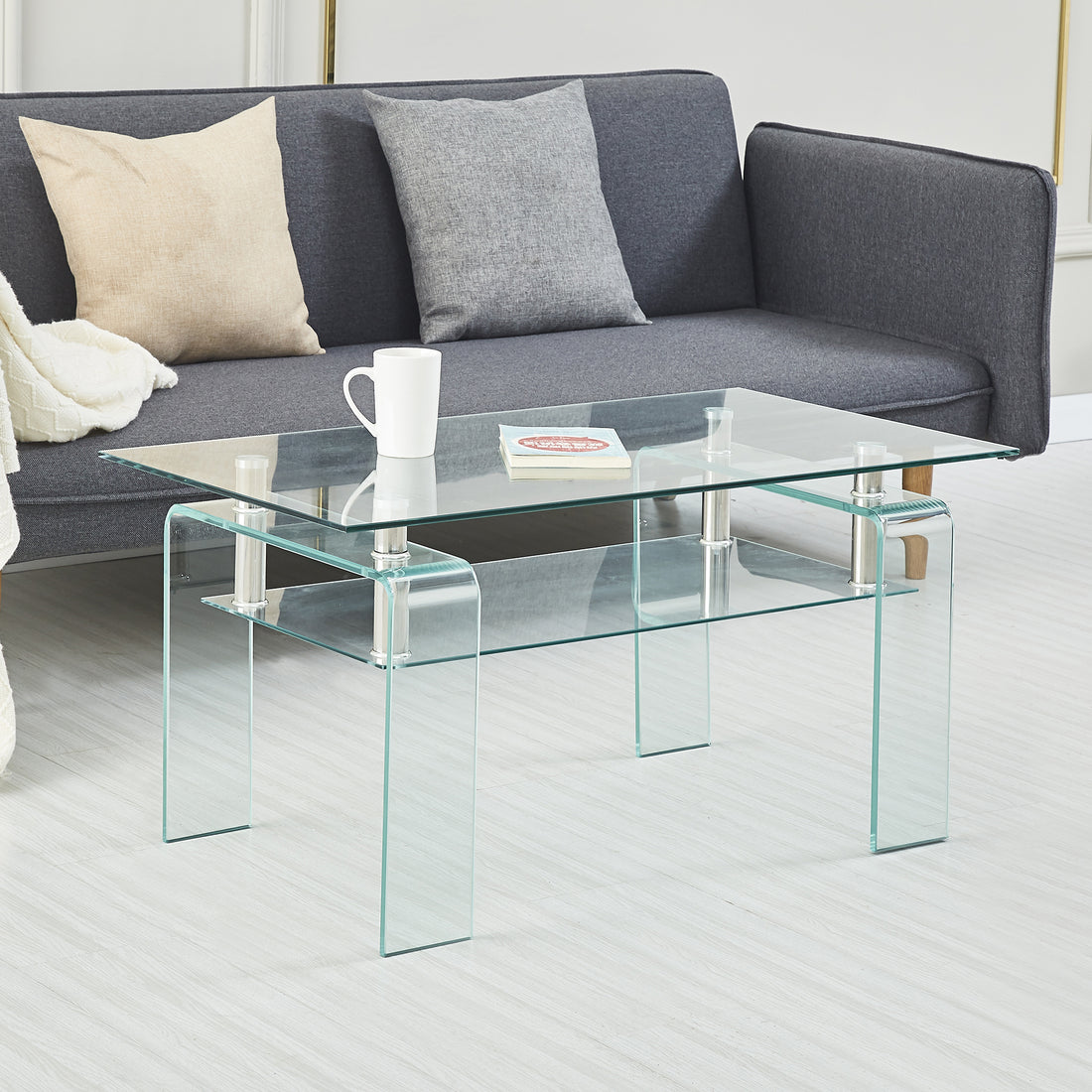 Rectangle Clear Glass Coffee Table, Modern Glass Coffee Table For Living Room, 2 Tier Storage Center Coffee Table,Tempered Glass Tea Table Transparent Glass