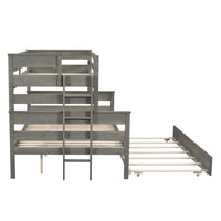 Wood Twin Over Full Bunk Bed With Twin Size Trundle, Gray Box Spring Not Required Gray Wood Bedroom Solid Wood Mdf