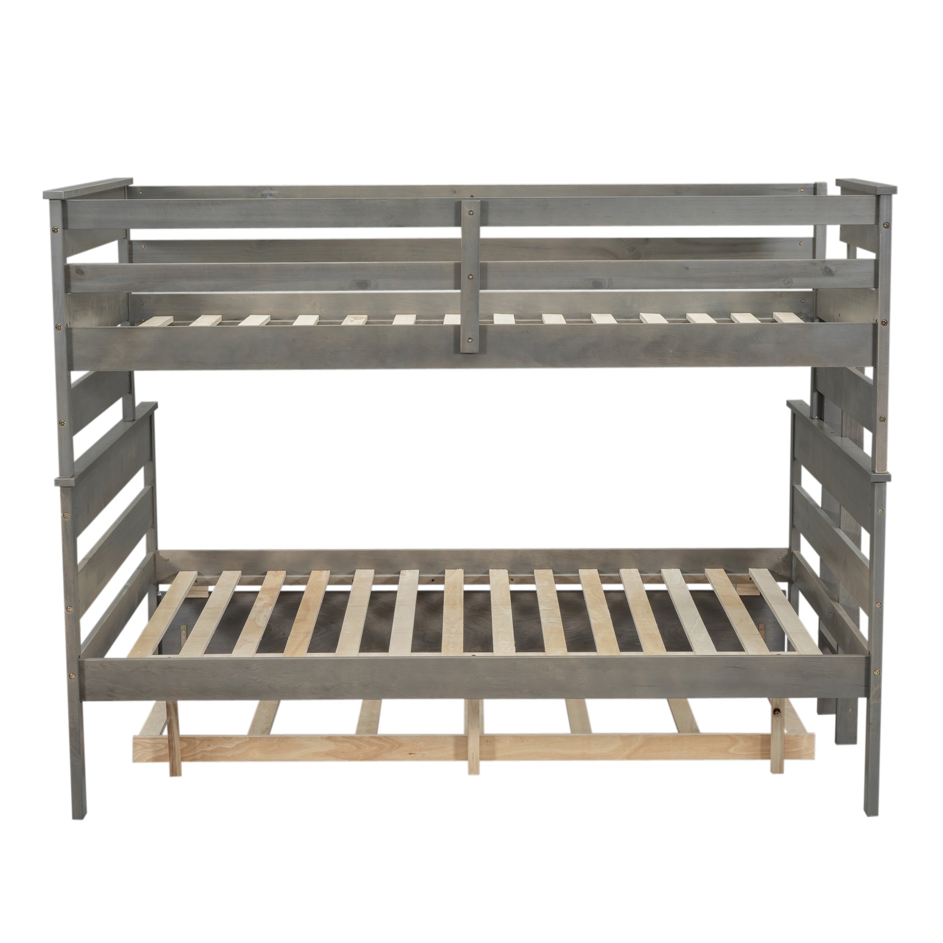 Wood Twin Over Full Bunk Bed With Twin Size Trundle, Gray Box Spring Not Required Gray Wood Bedroom Solid Wood Mdf