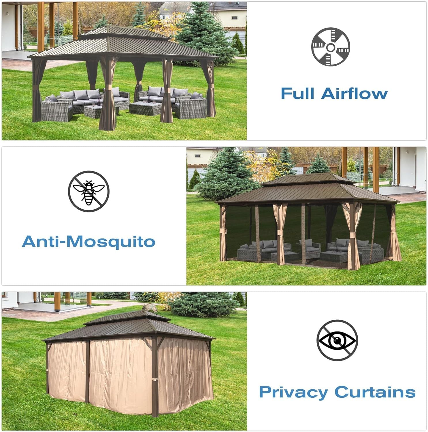 12' X 20' Hardtop Gazebo, Aluminum Metal Gazebo With Galvanized Steel Double Roof Canopy, Curtain And Netting, Permanent Gazebo Pavilion For Party, Wedding, Outdoor Dining, Brown Brown Aluminum