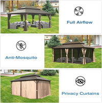 12' X 20' Hardtop Gazebo, Aluminum Metal Gazebo With Galvanized Steel Double Roof Canopy, Curtain And Netting, Permanent Gazebo Pavilion For Party, Wedding, Outdoor Dining, Brown Brown Aluminum