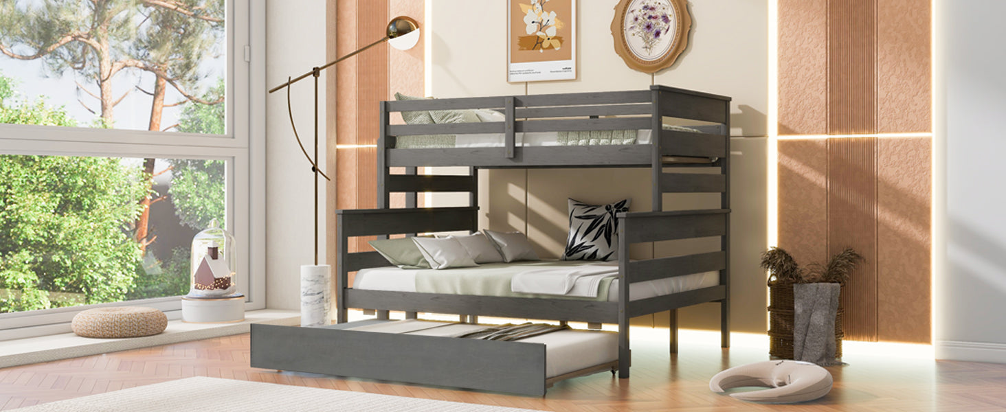 Wood Twin Over Full Bunk Bed With Twin Size Trundle, Gray Box Spring Not Required Gray Wood Bedroom Solid Wood Mdf