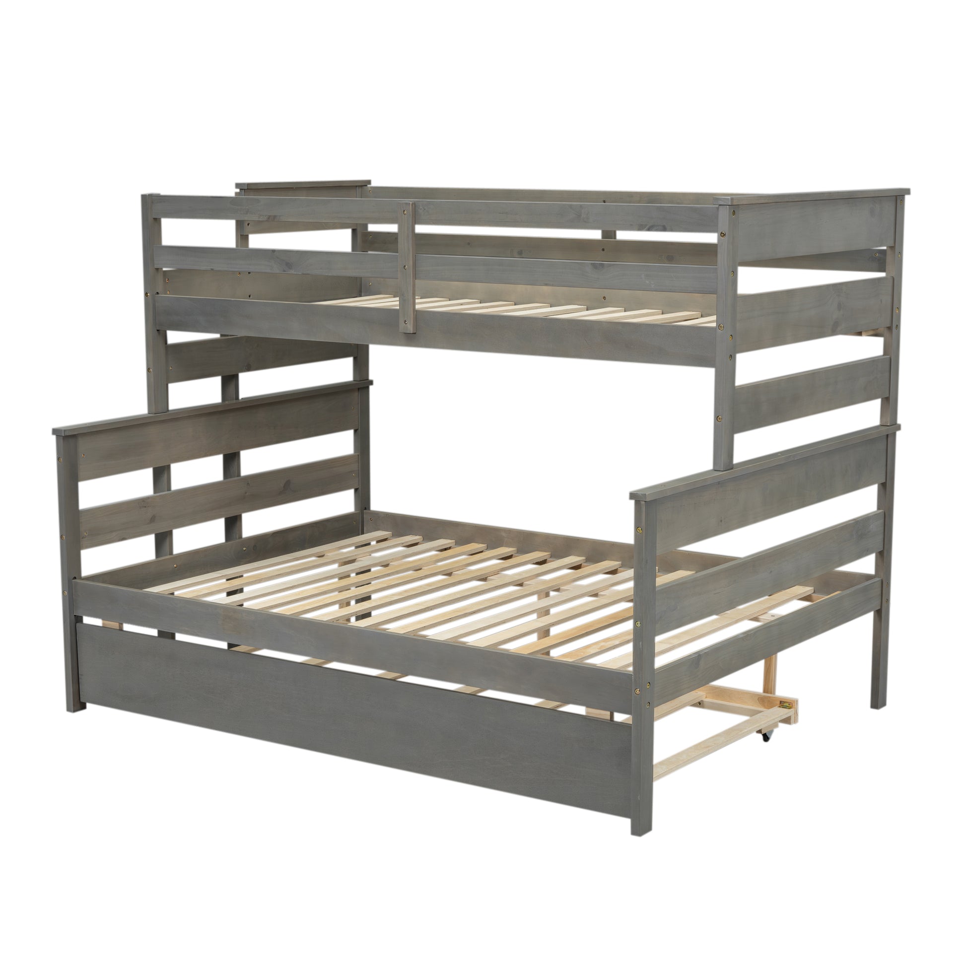 Wood Twin Over Full Bunk Bed With Twin Size Trundle, Gray Box Spring Not Required Gray Wood Bedroom Solid Wood Mdf