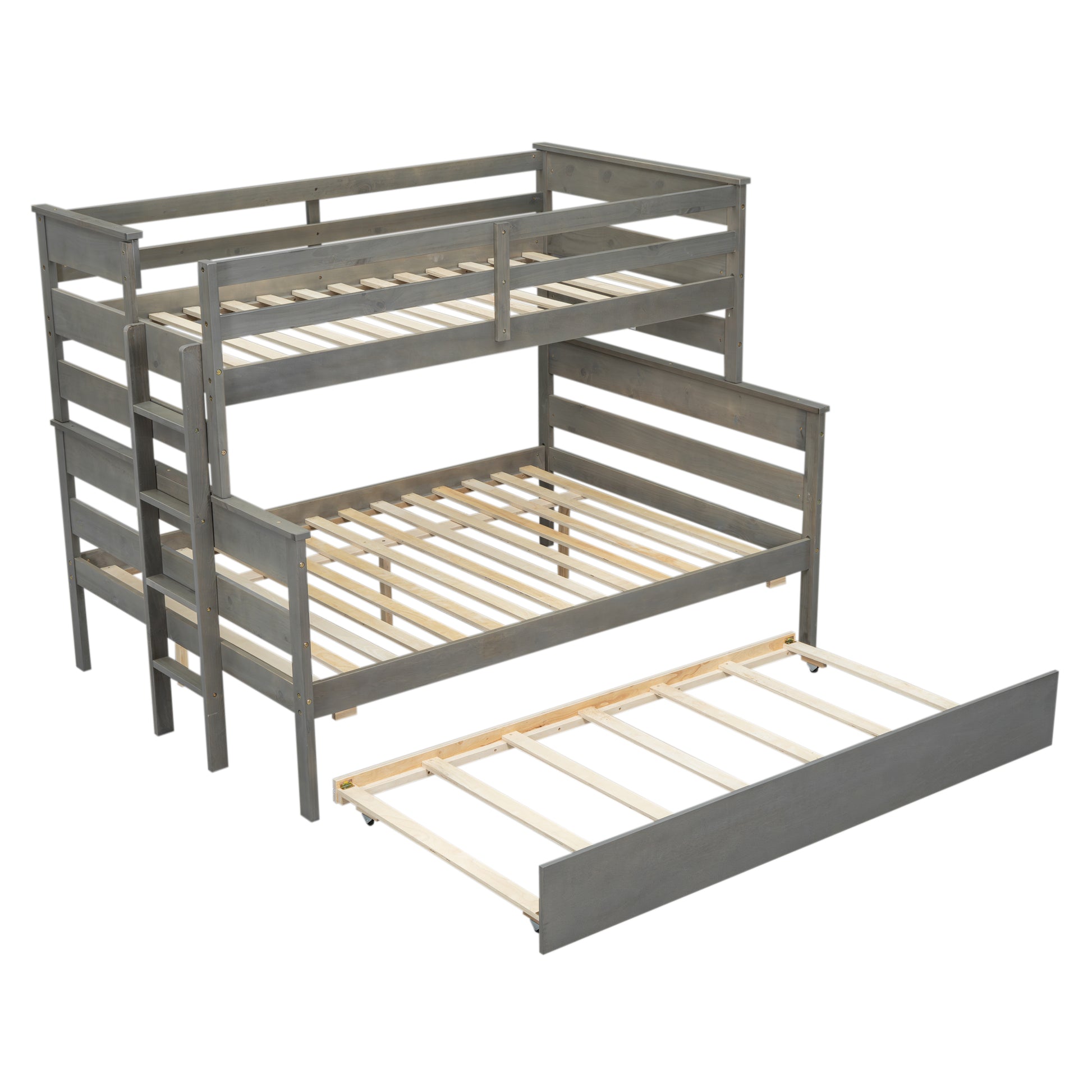 Wood Twin Over Full Bunk Bed With Twin Size Trundle, Gray Box Spring Not Required Gray Wood Bedroom Solid Wood Mdf