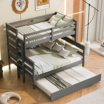 Wood Twin Over Full Bunk Bed With Twin Size Trundle, Gray Box Spring Not Required Gray Wood Bedroom Solid Wood Mdf