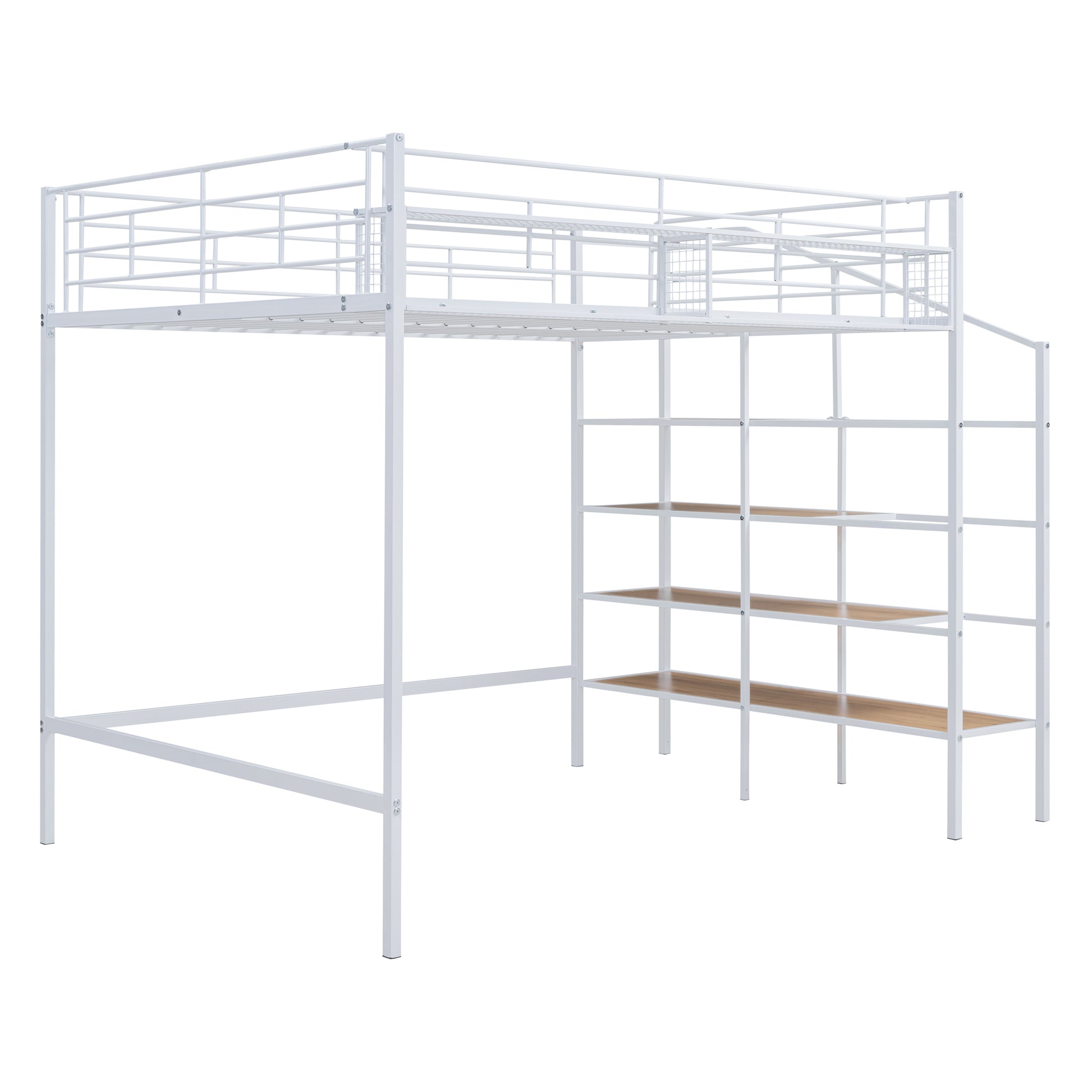 Full Size Metal Loft Bed With Upper Grid Storage Shelf And Lateral Storage Ladder, White White Mdf Metal