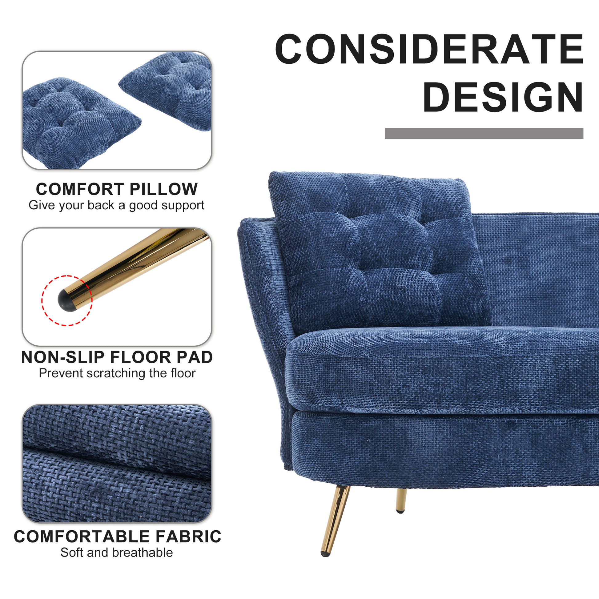 Polyester Fiber Loveseat Sofa Upholstered Couch With Golden Metal Legs Club Two Seat Sofa For Living Reading Room Bedroom Apartment Small Space Dorm,Blue Blue Polyester Wood Primary Living Space Soft Tight Back Modern Polyester