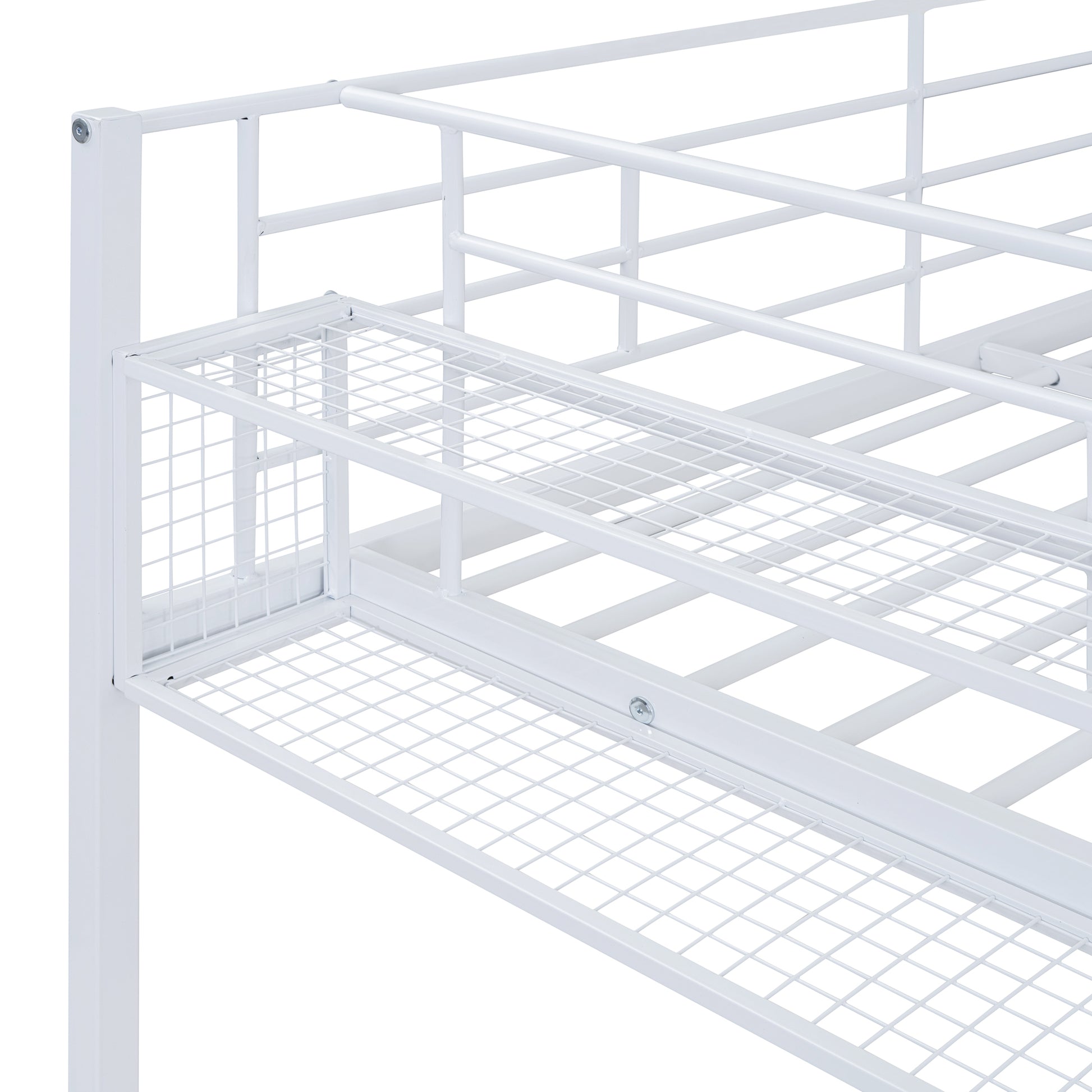 Full Size Metal Loft Bed With Upper Grid Storage Shelf And Lateral Storage Ladder, White White Mdf Metal