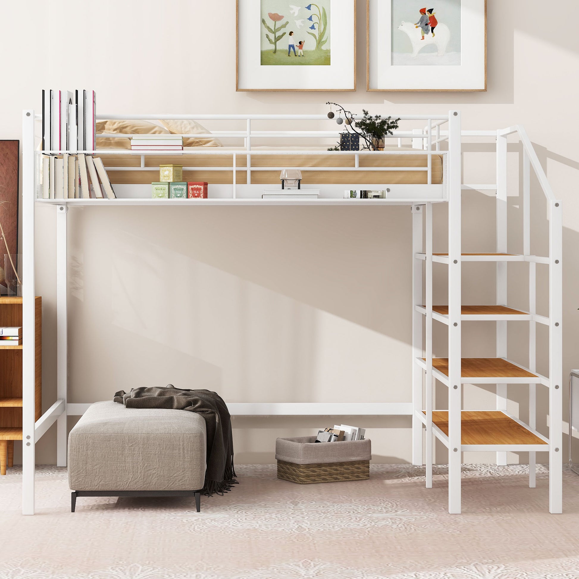 Full Size Metal Loft Bed With Upper Grid Storage Shelf And Lateral Storage Ladder, White White Mdf Metal