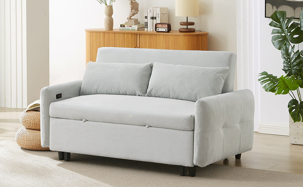 57.48" Pull Out Sofa Bed Convertible Couch 2 Seat Loveseat Sofa Modern Sleeper Sofa With Two Throw Pillows And Usb Ports For Living Room, Light Blue Light Blue Foam Corduroy