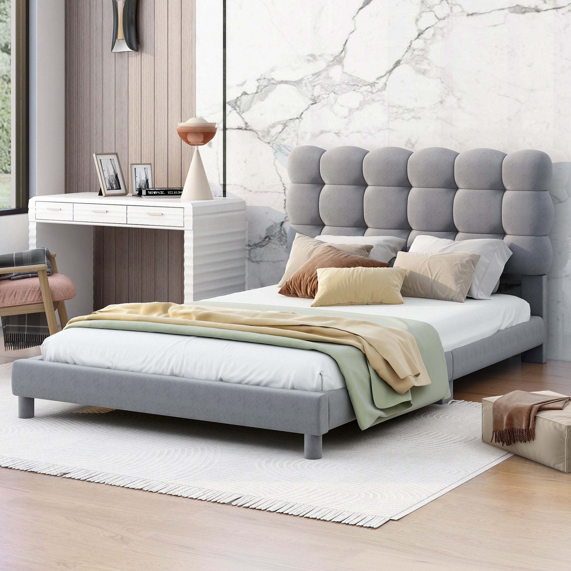 Twin Size Upholstered Platform Bed With Soft Headboard,Gray Gray Upholstered