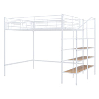 Full Size Metal Loft Bed With Upper Grid Storage Shelf And Lateral Storage Ladder, White White Mdf Metal