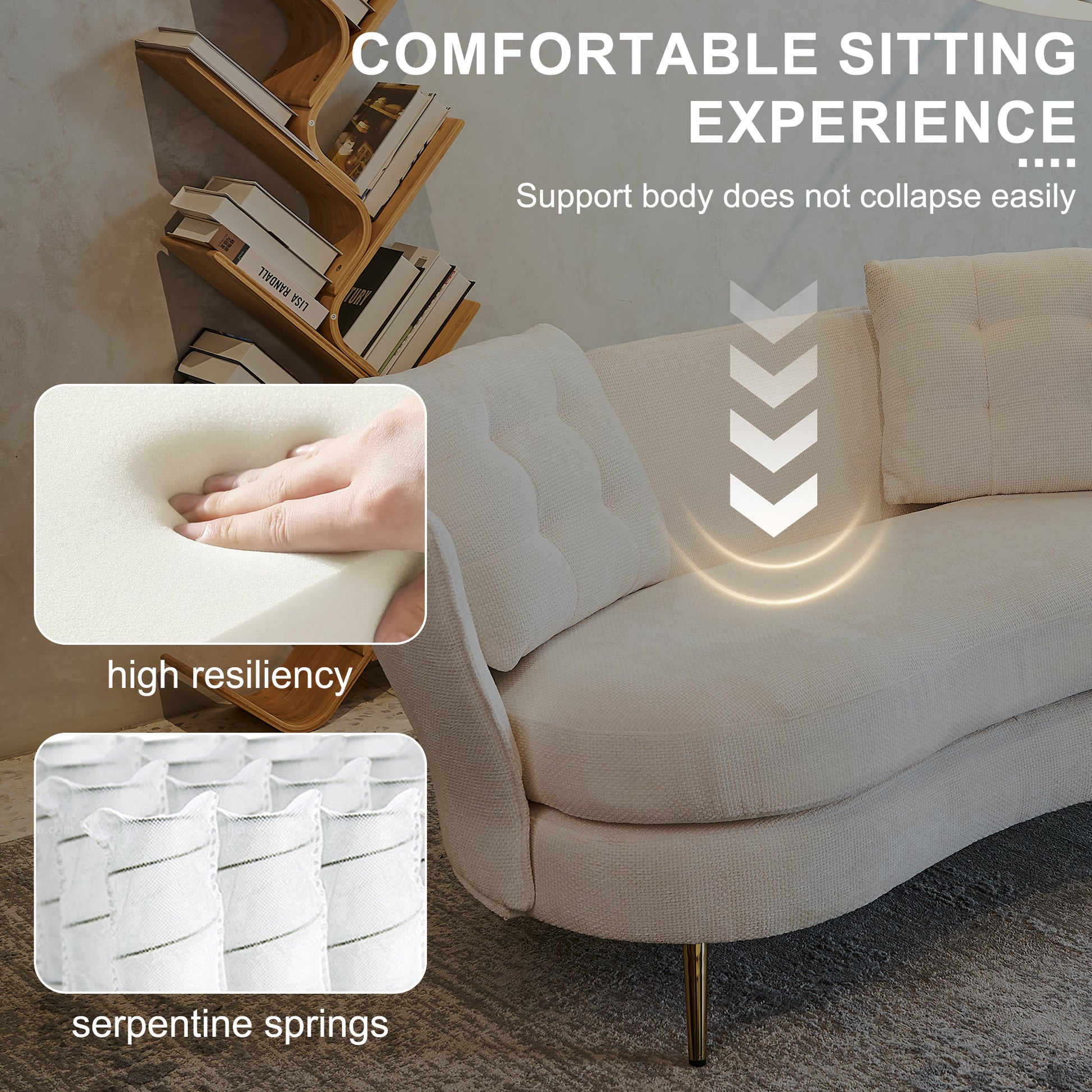 Polyester Fiber Loveseat Sofa Upholstered Couch With Golden Metal Legs Club Two Seat Sofa For Living Reading Room Bedroom Apartment Small Space Dorm,White. White Polyester Wood Primary Living Space Soft Tight Back Modern Polyester