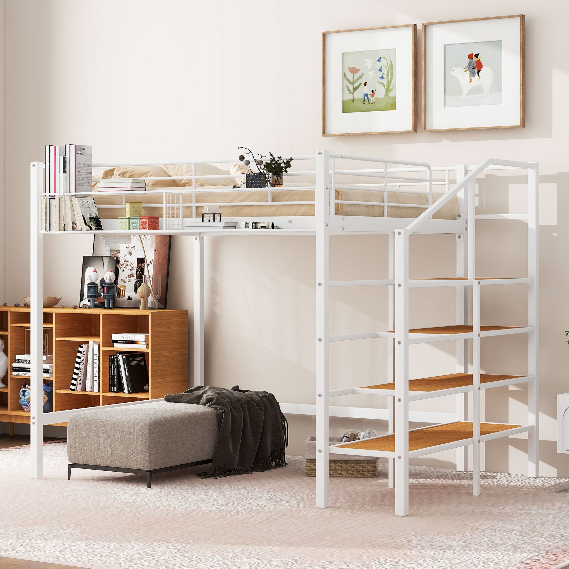 Full Size Metal Loft Bed With Upper Grid Storage Shelf And Lateral Storage Ladder, White White Mdf Metal