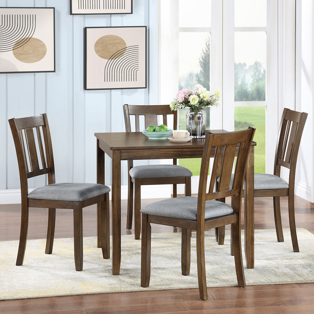 5 Piece Modern Dining Set, Square Wooden Dining Table With 4 Upholstered Chairs For Kitchen, Dining Room, Walnut Upholstered Chair Wood Walnut Seats 4 Wood Dining Room Acacia 4 Leg Square Dining Table With Chair Acacia Wood