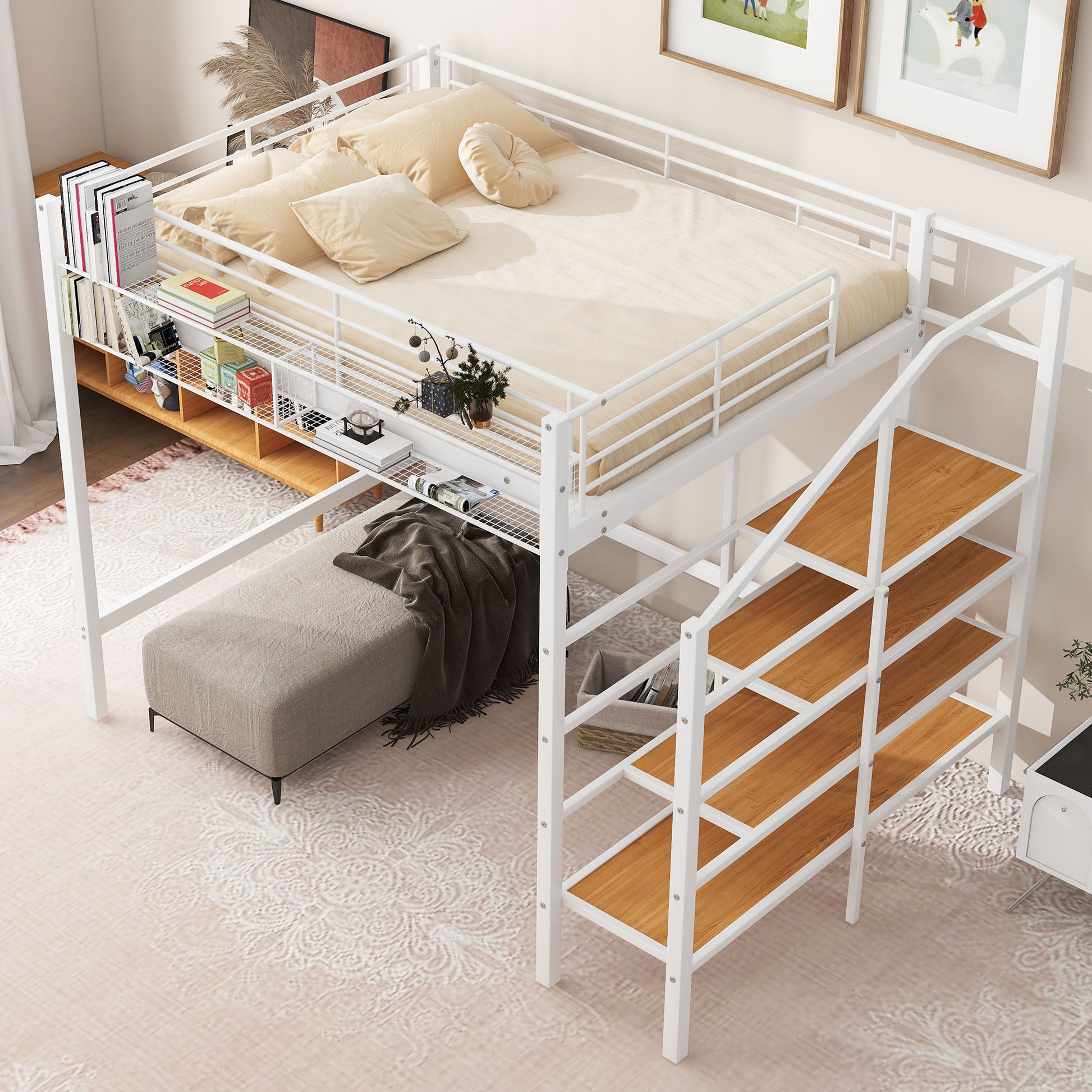 Full Size Metal Loft Bed With Upper Grid Storage Shelf And Lateral Storage Ladder, White White Mdf Metal