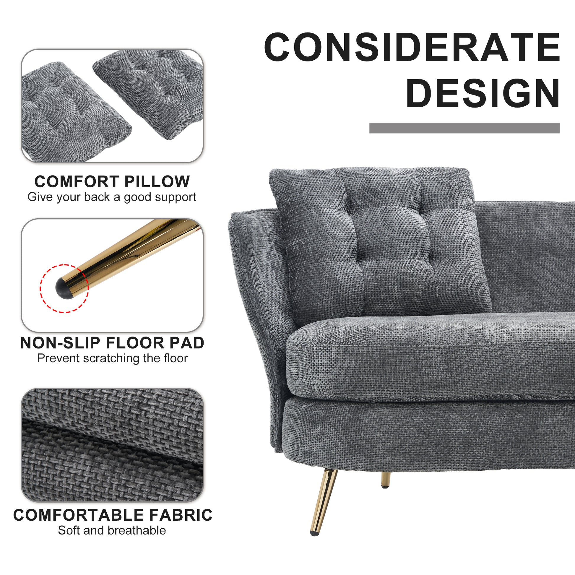 Polyester Fiber Loveseat Sofa Chair Upholstered Couch With Golden Metal Legs Club Two Seat Sofa For Living Reading Room Bedroom Apartment Small Space Dorm,Grey. Grey Polyester Wood Primary Living Space Soft Tight Back Modern Polyester