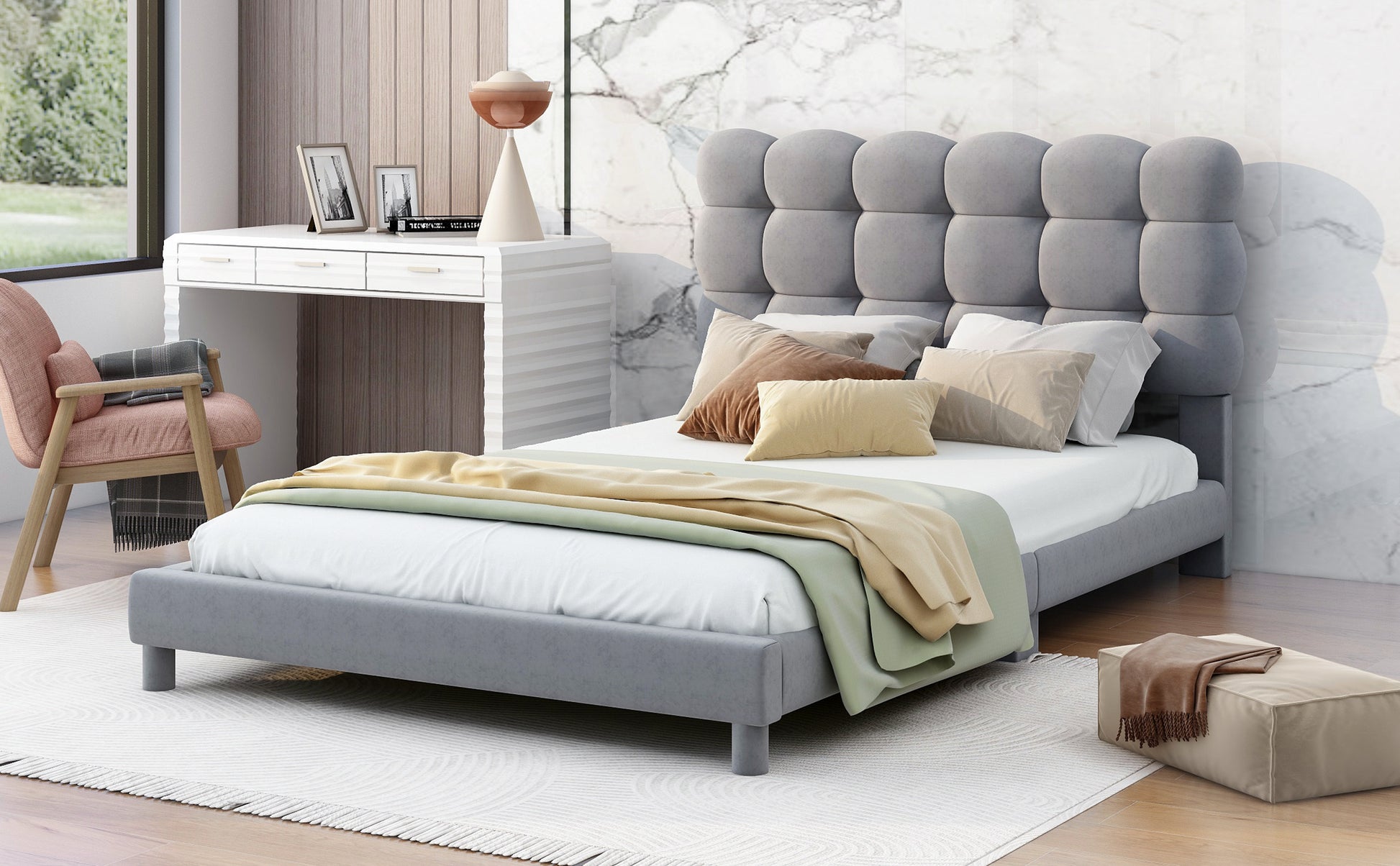 Twin Size Upholstered Platform Bed With Soft Headboard,Gray Gray Upholstered