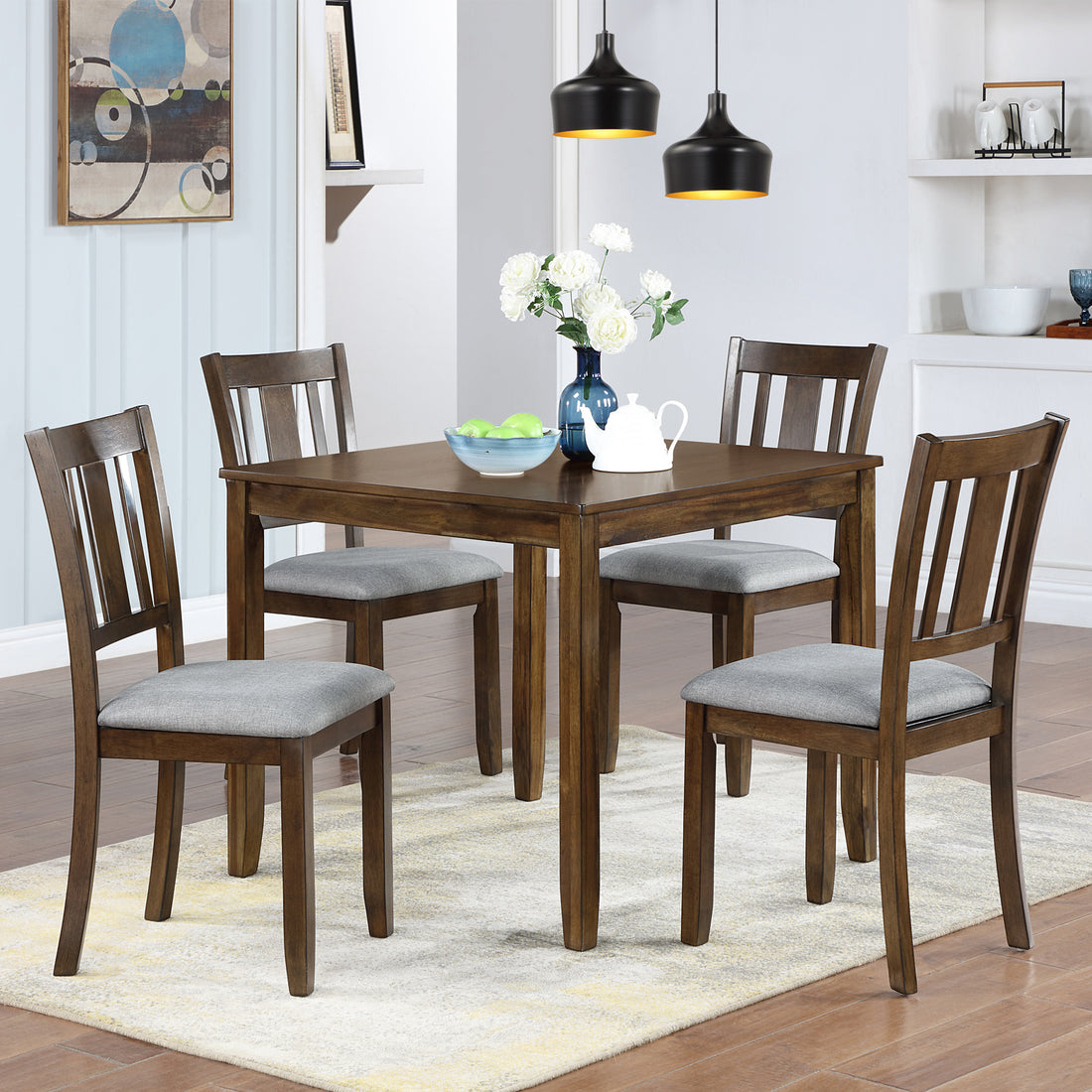 5 Piece Modern Dining Set, Square Wooden Dining Table With 4 Upholstered Chairs For Kitchen, Dining Room, Walnut Upholstered Chair Wood Walnut Seats 4 Wood Dining Room Acacia 4 Leg Square Dining Table With Chair Acacia Wood