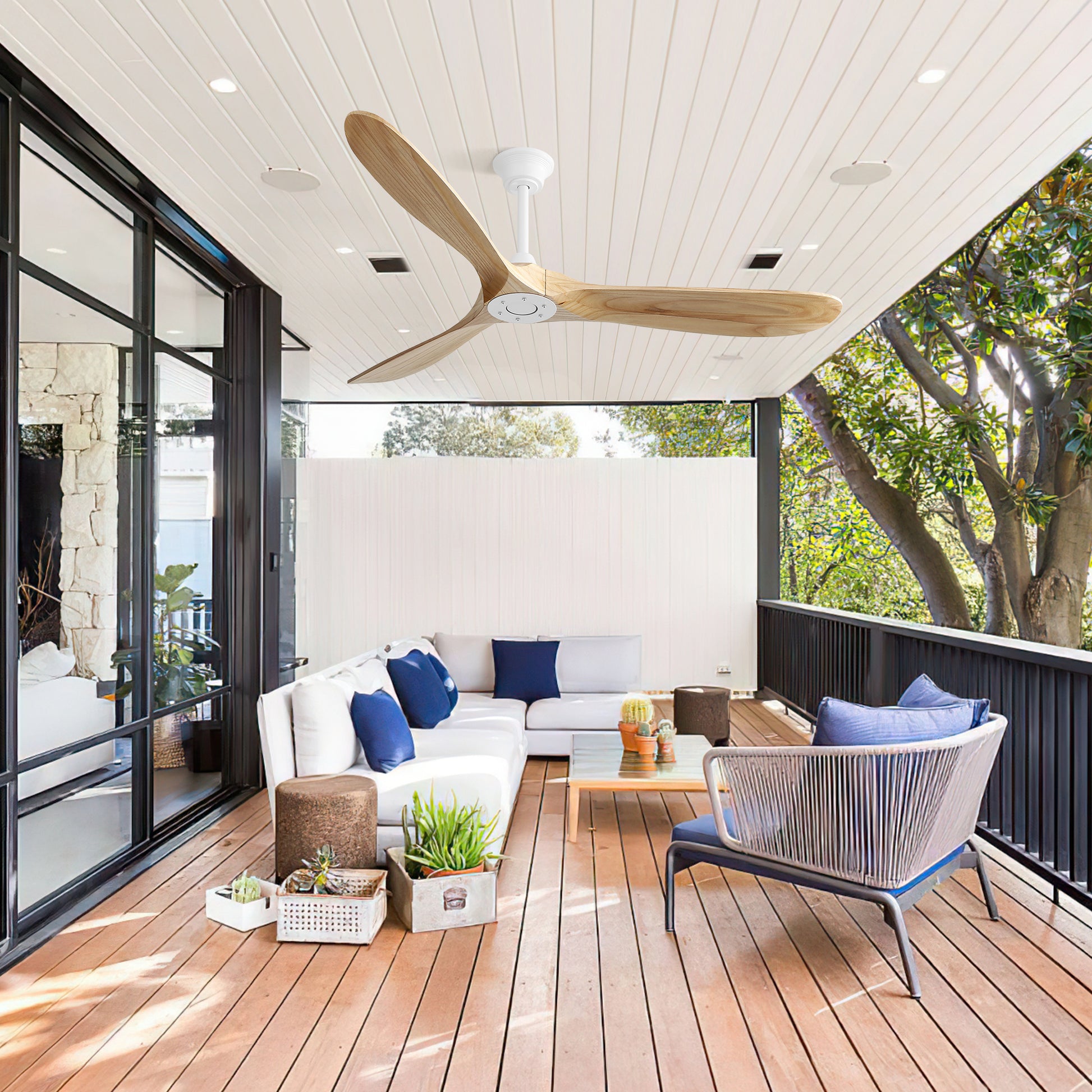 60 Inch Indoor Modern Ceiling Fan With 3 Color Dimmable 6 Speed Remote Control 3 Solid Wood Blade For Living Room White Metal & Wood