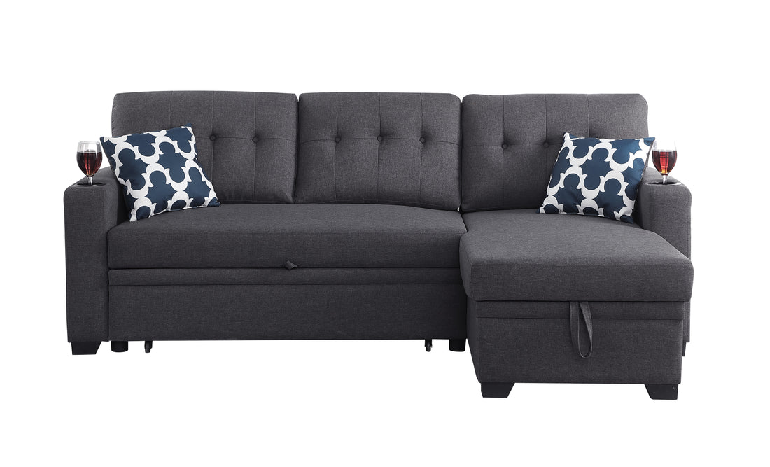 82" Width Sectional With Storage Chaise And Cupholder Armrest Dark Gray Foam Linen