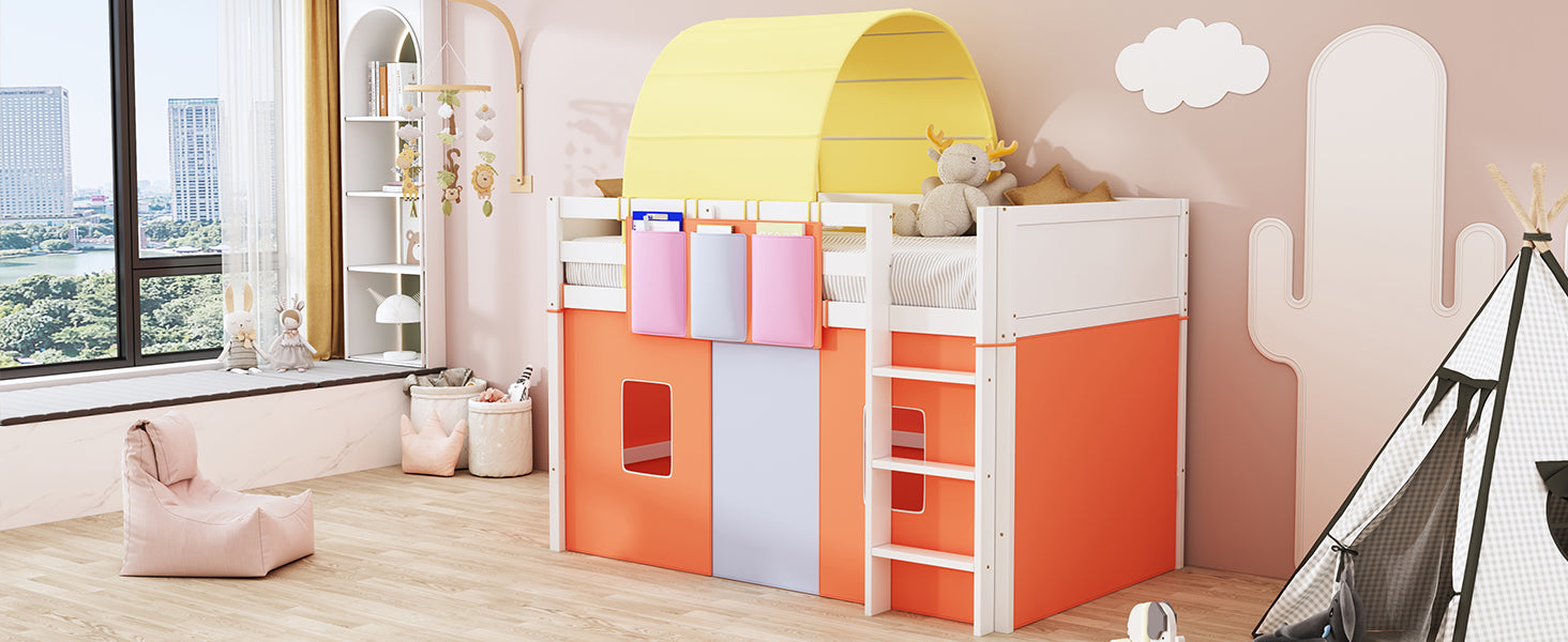 Twin Size Loft Bed With Tent And Tower And Three Pockets Orange Blue Solid Wood