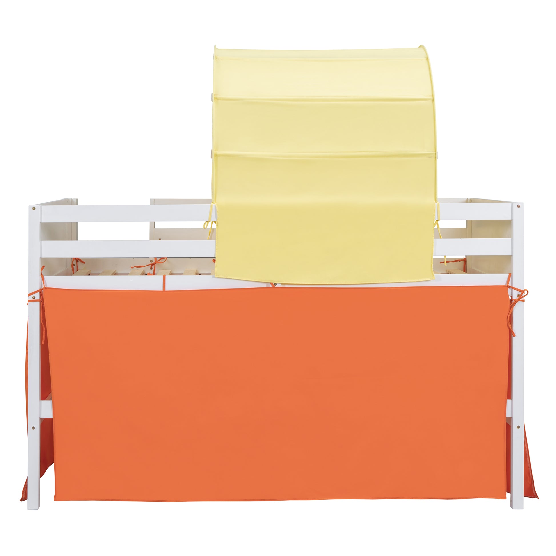 Twin Size Loft Bed With Tent And Tower And Three Pockets Orange Blue Solid Wood