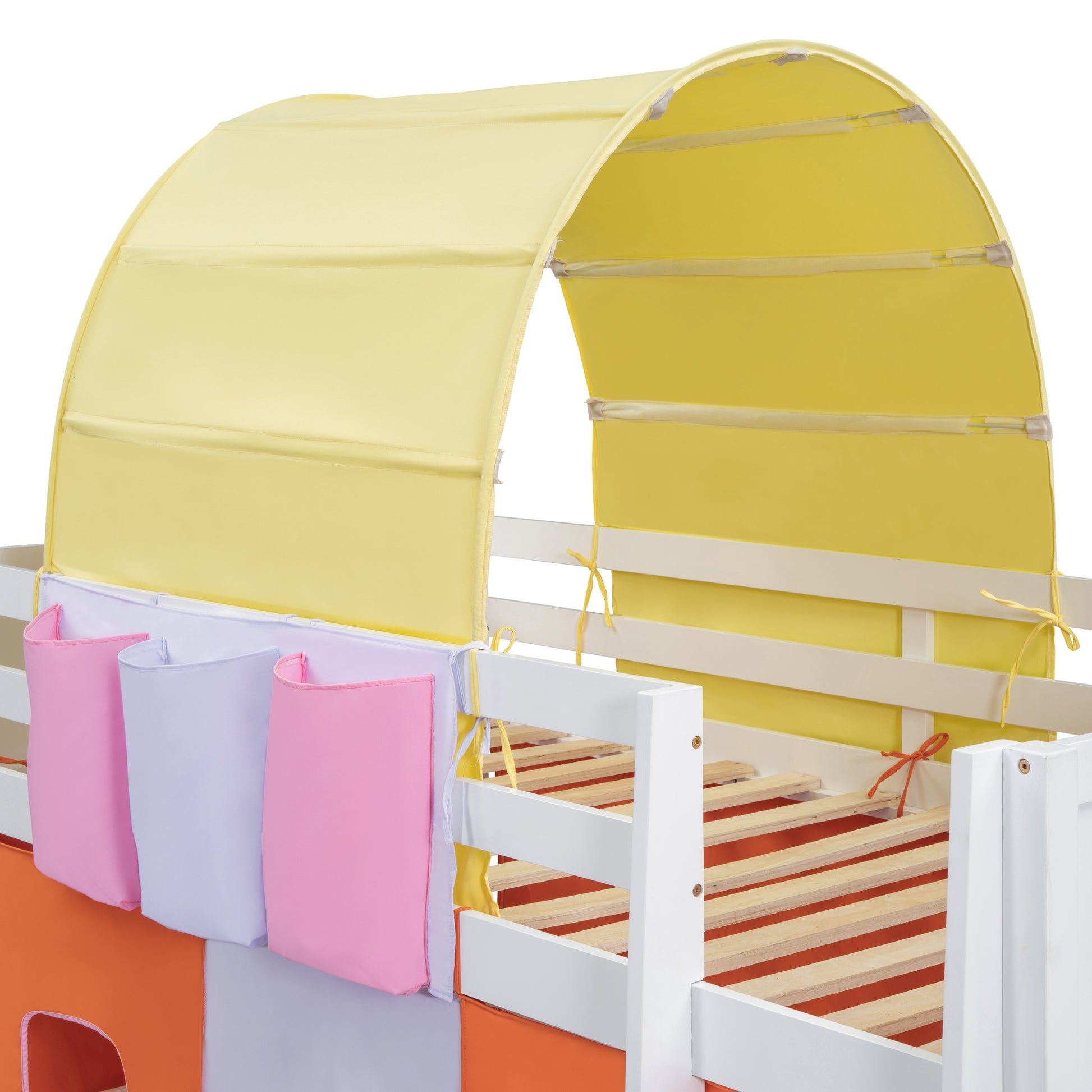 Twin Size Loft Bed With Tent And Tower And Three Pockets Orange Blue Solid Wood