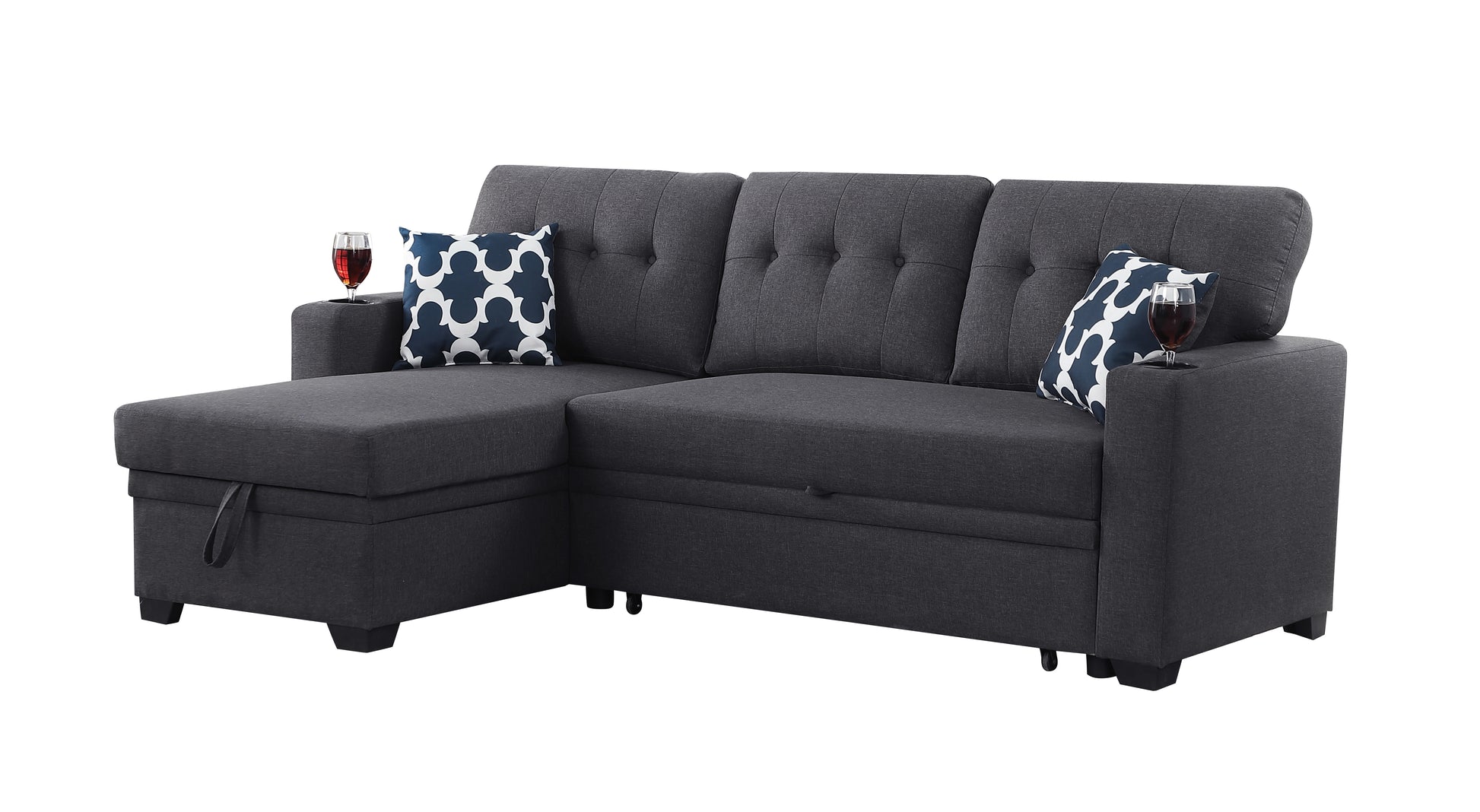 82" Width Sectional With Storage Chaise And Cupholder Armrest Dark Gray Foam Linen