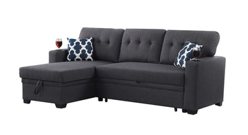 82" Width Sectional With Storage Chaise And Cupholder Armrest Dark Gray Foam Linen