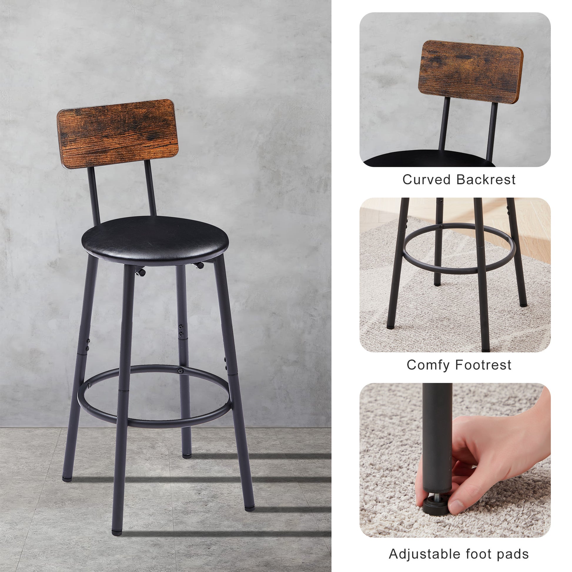 Bar Table Set With 2 Bar Stools Pu Soft Seat With Backrest, Rustic Brown, 43.31'' L X 15.75'' W X 35.43'' H. Rustic Brown Particle Board