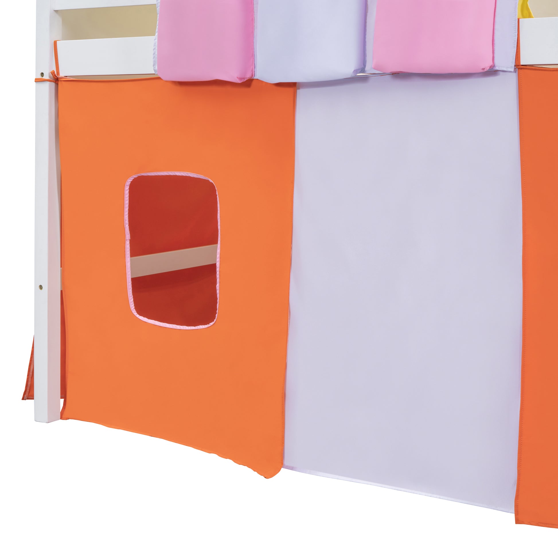 Twin Size Loft Bed With Tent And Tower And Three Pockets Orange Blue Solid Wood