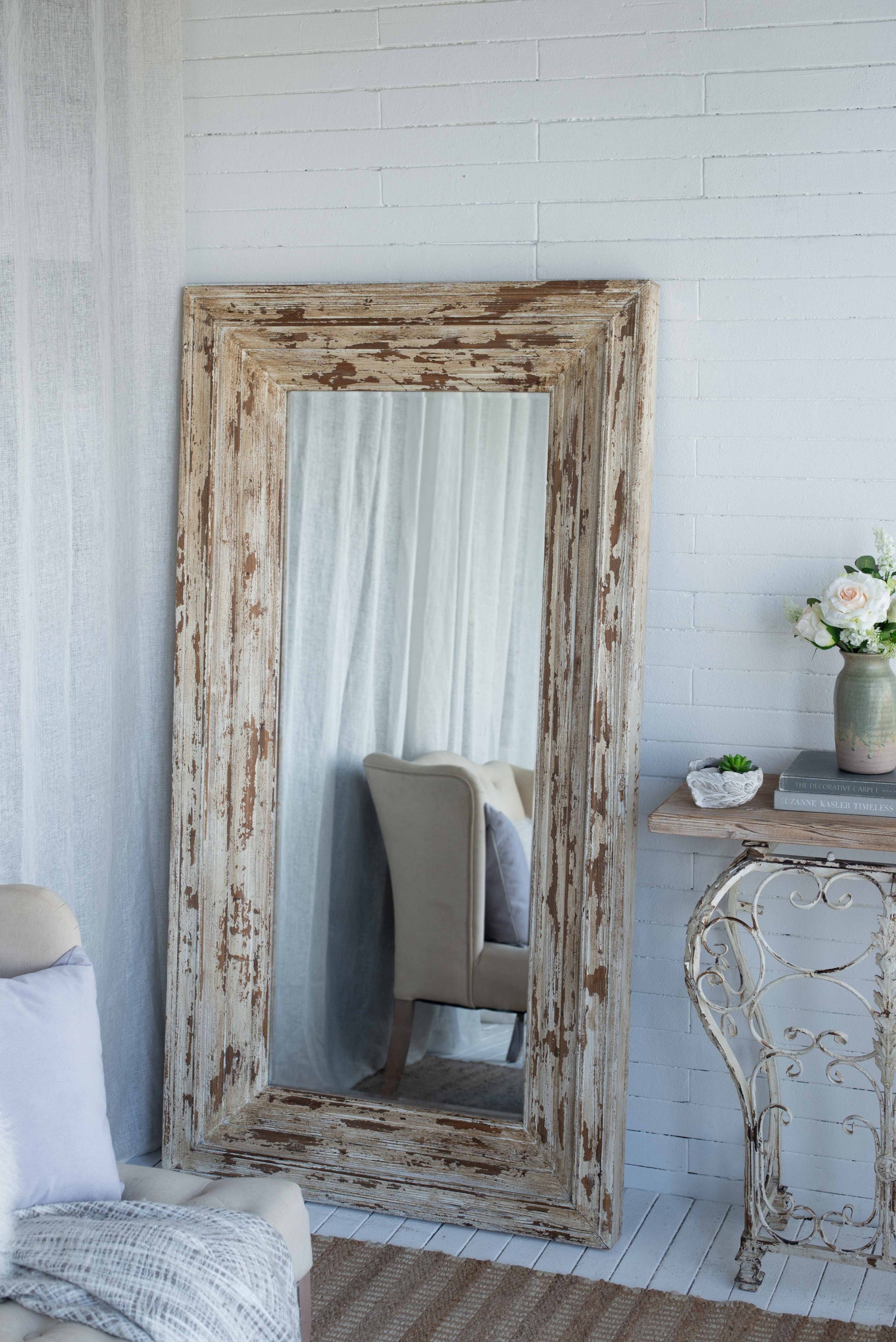 39X3.5X75" Full Length Rectangle Floor Mirror With Distressed Wood Frame Brown Wood